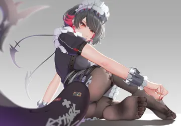 1girl atom_b black_dress black_hair black_pantyhose brown_eyes dress ellen_joe feet fins fish_tail foot_focus looking_at_viewer maid maid_headdress panties panties_under_pantyhose pantyhose puffy_short_sleeves puffy_sleeves scar scar_on_tail shark_tail short_hair short_sleeves skirt soles tail toes underwear zenless_zone_zero