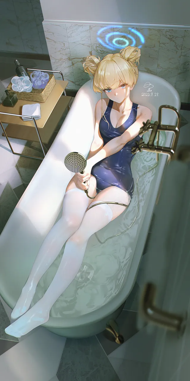 1girl alternate_hairstyle bathtub blonde_hair blue_halo blue_one_piece_swimsuit breasts cleavage closed_mouth collarbone dated halo holding holding_shower_head medium_breasts medium_hair one_piece_swimsuit shower_head signature solo swimsuit thighhighs tile_floor tile_wall tiles water white_thighhighs yellow_eyes ribao blue_archive toki__blue_archive
