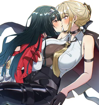 2girls arm_strap black_gloves black_hair black_pants blonde_hair blush breasts chromatic_aberration collared_shirt gloves hair_bun jacket kiss large_breasts long_hair multiple_girls necktie pants purple_eyes red_eyes red_jacket shirt simple_background sleeveless sleeveless_shirt sweatdrop white_background white_shirt yellow_necktie yuri so2mizura zenless_zone_zero astra_yao__zenless_zone_zero evelyn_chevalier__zenless_zone_zero