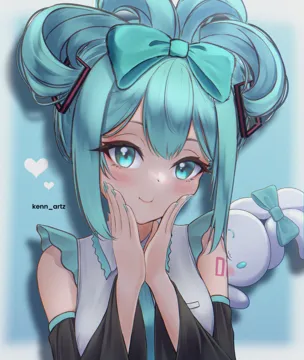 1girl aqua_eyes aqua_hair arm_tattoo artist_name black_sleeves blue_bow blue_nails bow closed_mouth detached_sleeves ear_bow folded_twintails grey_shirt hair_between_eyes hair_bow heart long_hair long_sleeves looking_at_viewer nail_polish number_tattoo shirt sleeveless sleeveless_shirt smile solo tattoo tied_ears updo upper_body kenn_artz fuwa_fuwa_cinnamoroll sanrio vocaloid cinnamiku cinnamoroll hatsune_miku