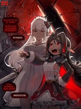 2girls black_hair black_panties breasts clothing_cutout collared_dress dress english_text frilled_dress frills holding holding_sword holding_weapon large_breasts long_hair multiple_girls open_mouth panties pointy_ears red_eyes see_through_clothes side_cutout sideboob small_breasts sword underwear very_long_hair weapon white_hair alterkyon