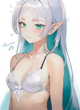 _3 1girl armpit_crease bare_shoulders blush bow bow_bra bra breasts character_name cleavage collarbone colored_inner_hair elf frieren green_eyes grey_hair halftone lace_trim lace_trimmed_bra long_hair looking_at_viewer multicolored_hair parted_bangs pointy_ears salmon88 short_eyebrows small_breasts smile solo sousou_no_frieren thick_eyebrows underwear upper_body white_bra