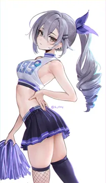1girl alternate_costume arched_back asymmetrical_legwear breasts cheerleader closed_mouth crop_top drill_hair drill_ponytail from_side grey_eyes grey_hair hair_between_eyes holding holding_pom_poms honkai__series honkai__star_rail jitome long_hair looking_at_viewer looking_to_the_side midriff miniskirt mismatched_legwear pleated_skirt pom_pom__cheerleading ponytail rity silver_wolf__honkai__star_rail simple_background single_fishnet_legwear skirt sleeveless solo thighhighs twitter_username white_background zettai_ryouiki