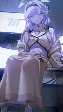1girl black_hairband breasts ear_piercing flower hair_flower hair_ornament hair_tubes hairband halo head_tilt indoors jacket light_smile long_hair looking_at_viewer mole mole_under_eye monitor piercing pointy_ears shirt sitting skirt small_breasts solo white_eyes white_flower white_hair white_shirt flatshi blue_archive himari__blue_archive