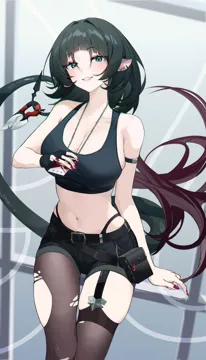 1girl aqua_nails bangs bare_shoulders black_hair black_legwear breasts cleavage collarbone fingernails garter_straps green_eyes jewelry long_fingernails long_hair looking_at_viewer medium_breasts midriff nail_art nail_polish navel necklace parted_lips pink_nails pointy_ears purple_nails sharp_fingernails shorts smile solo tail thighhighs torn_clothes torn_legwear zenless_zone_zero jane_doe__zenless_zone_zero
