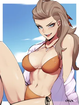 1girl artist_name bikini blue_eyes border breasts brown_bikini brown_hair cleavage cloud cloudy_sky earrings fangs hair_behind_ear hair_slicked_back halterneck jewelry knee_up large_breasts long_hair looking_at_viewer narrow_waist navel necklace open_clothes open_mouth open_shirt orouu outside_border pokemon pokemon_sv reclining sada__pokemon shirt signature single_bare_shoulder sitting sky solo swimsuit teeth thighs tongue tooth_necklace wet white_border white_shirt
