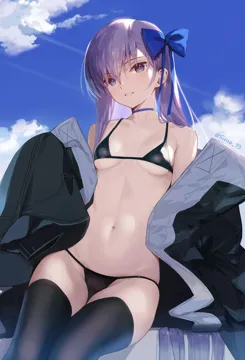 1girl artist_name bare_shoulders bikini black_bikini black_thighhighs blue_sky bow breasts choker cloud collarbone day fate__series fate_grand_order hair_bow hair_ornament linea_alba long_coat long_hair long_sleeves looking_at_viewer meltryllis__fate meltryllis__swimsuit_lancer__fate meltryllis__swimsuit_lancer__first_ascension__fate navel off_shoulder outdoors parted_lips purple_eyes purple_hair signature siino sitting sky sleeves_past_wrists small_breasts smile solo stomach swimsuit thighhighs thighs