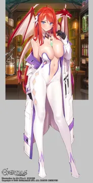 1girl artist_name blue_eyes breasts callen__evertale copyright_name dragon evertale full_body lab_coat large_breasts long_hair looking_at_viewer navel no_bra open_clothes pointy_ears popqn red_hair shiny_skin small_dragon solo