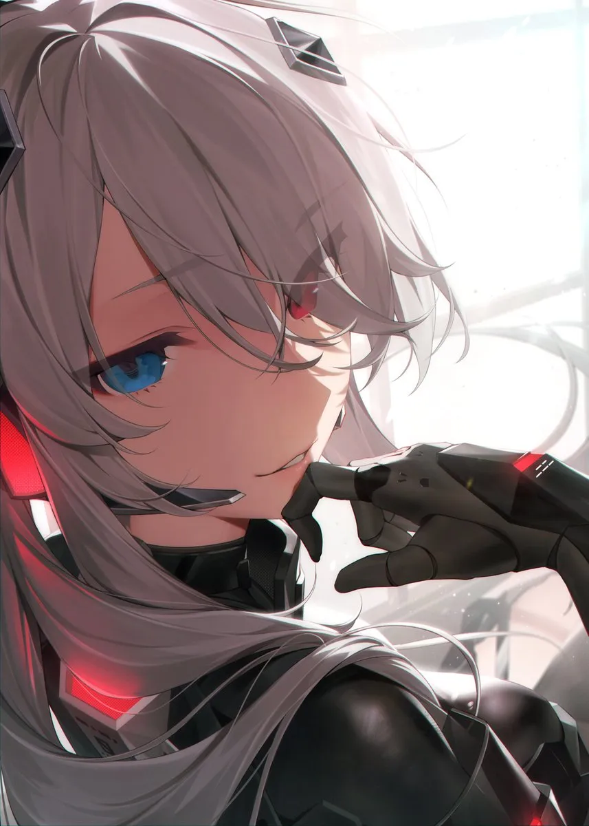 1girl blue_eyes breasts grey_hair hair_between_eyes heterochromia large_breasts long_hair looking_at_viewer looking_back parted_lips red_eyes solo teeth monoco55 aether_gazer kuninotokotachi__aether_gazer