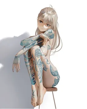 1girl arm_tattoo back_tattoo barcode barcode_tattoo barefoot body_writing bodypaint breast_tattoo breasts chest_tattoo closed_mouth full_body_tattoo grey_eyes heart_tattoo leg_tattoo long_hair looking_at_viewer nude number_tattoo pubic_tattoo shoulder_tattoo sitting solo stomach_tattoo tattoo white_background mawaw