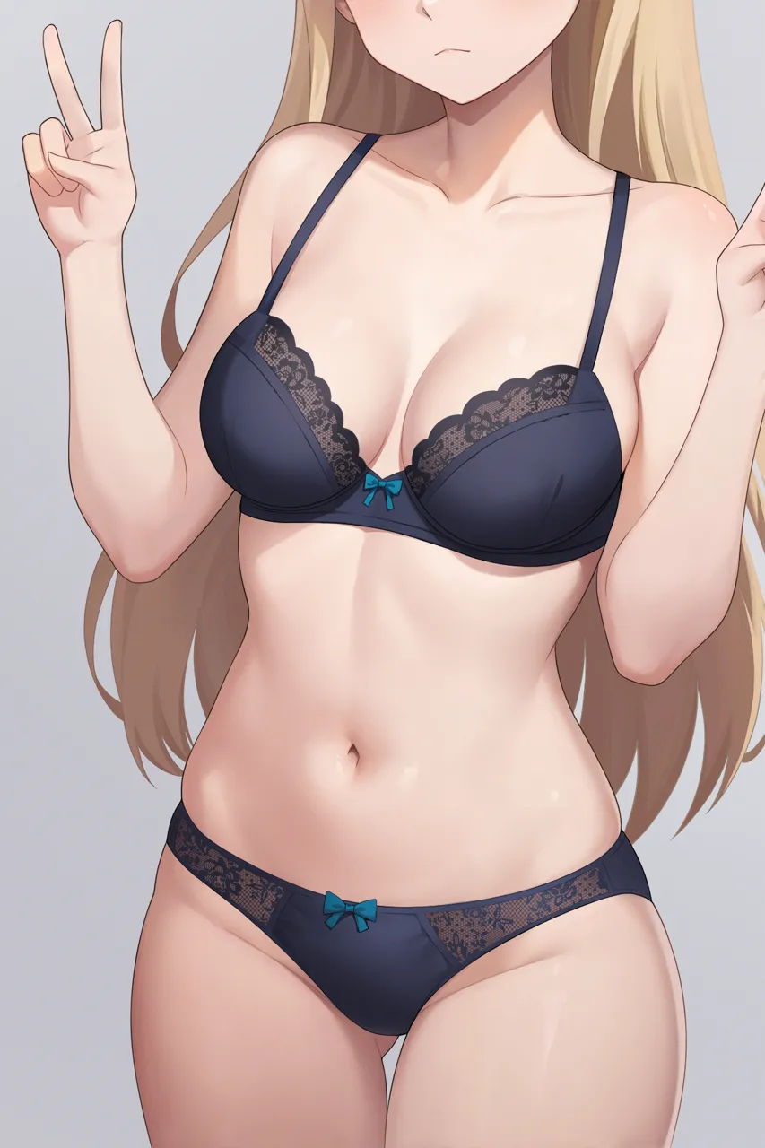 1girl black_bra black_panties blonde_hair blue_archive blue_bow bow bow_bra bow_panties bra breasts closed_mouth collarbone cowboy_shot double_v grey_background head_out_of_frame lace_trim lace_trimmed_bra lace_trimmed_panties lingerie long_hair medium_breasts navel panties simple_background solo standing stomach toki__blue_archive underwear underwear_only w_arms zhong_zi_sheliu