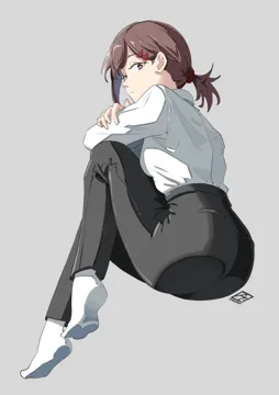 1girl artist_logo ass ass_focus ass_press black_pants breasts brown_eyes brown_hair dress_shirt elbow_on_knee from_behind from_below full_body grey_background hair_ornament hairclip knees_up logo long_sleeves looking_at_viewer mole mole_under_eye pants ponytail shirt shirt_tucked_in short_ponytail simple_background sitting small_breasts socks solo transparent_seat white_shirt white_socks automatic_giraffe chainsaw_man higashiyama_kobeni