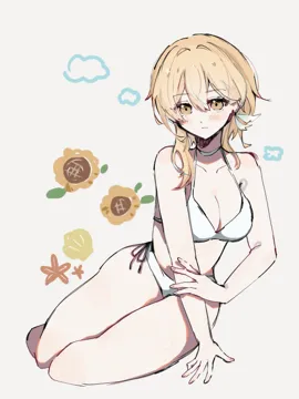 1girl bare_arms bare_legs bikini blonde_hair blush breasts closed_mouth earrings flower full_body grey_background hand_on_own_arm jewelry medium_breasts seashell shell short_hair_with_long_locks simple_background solo starfish sunflower swimsuit white_bikini yellow_eyes jako_gnsn genshin_impact lumine__genshin_impact