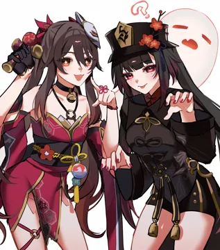 2girls bell black_choker black_hair black_hat black_sash black_shirt black_shorts bright_pupils choker cosplay costume_switch cowboy_shot criss_cross_halter dress facial_mark halterneck hat hu_tao__genshin_impact__cosplay long_hair long_sleeves looking_at_viewer mark_under_both_eyes mask mask_on_head multiple_girls nail_polish neck_bell o_ring obi open_mouth orange_eyes red_dress red_nails sash shirt short_shorts shorts smile sparkle__honkai__star_rail__cosplay standing thighs twintails very_long_hair white_pupils om_rm1101 genshin_impact honkai__star_rail honkai__series mihoyo hu_tao__genshin_impact sparkle__honkai__star_rail