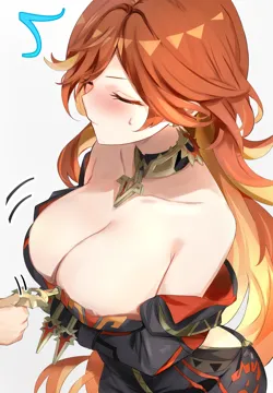 1girl 1other arms_under_breasts bare_shoulders black_bikesuit blush bodysuit breasts cleavage closed_eyes collar genshin_impact large_breasts long_hair mavuika__genshin_impact metal_collar multicolored_hair off_shoulder orange_hair red_hair solo_focus tomas__kaosu22 two_tone_hair white_background zipper_pull_tab