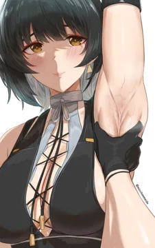 1boy 1girl arm_up armpit_focus armpit_poke armpits bare_shoulders black_dress black_hair blush breasts cleavage closed_mouth colored_inner_hair dress earrings eyeliner female_rover__wuthering_waves gloves grey_hair jewelry large_breasts long_hair looking_at_viewer makeup male_rover__wuthering_waves meme micchan__micchanmeido multicolored_hair pov pov_cheek_grabbing__meme presenting_armpit red_eyeliner rover__wuthering_waves sideboob smile solo_focus sweat sweaty_armpits triangle_earrings twitter_username two_tone_hair white_background wuthering_waves yellow_eyes