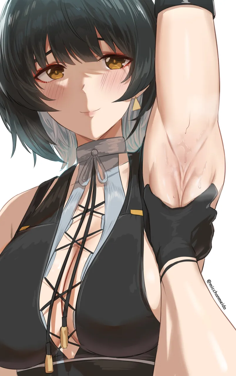 1boy 1girl arm_up armpit_focus armpit_poke armpits bare_shoulders black_dress black_hair blush breasts cleavage closed_mouth colored_inner_hair dress earrings eyeliner female_rover__wuthering_waves gloves grey_hair jewelry large_breasts long_hair looking_at_viewer makeup male_rover__wuthering_waves meme micchan__micchanmeido multicolored_hair pov pov_cheek_grabbing__meme presenting_armpit red_eyeliner rover__wuthering_waves sideboob smile solo_focus sweat sweaty_armpits triangle_earrings twitter_username two_tone_hair white_background wuthering_waves yellow_eyes
