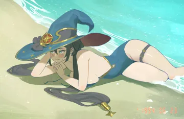 1girl bare_shoulders beach black_hair blue_hat blue_one_piece_swimsuit blush bow breasts closed_mouth covered_navel embarrassed gold_trim green_eyes hair_ribbon hat hat_bow hat_ornament long_hair looking_to_the_side lying medium_breasts navel on_side one_piece_swimsuit outdoors ribbon sand shore sideboob solo star__symbol sweatdrop swimsuit thigh_strap thighs twintails untied_swimsuit water wet witch_hat midfinger genshin_impact mona__genshin_impact