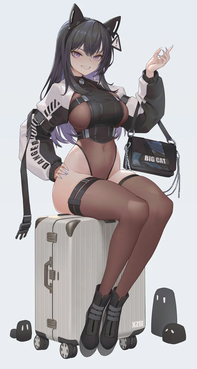 1girl animal_ears ankle_boots arm_belt artist_name bag black_boots black_hair blue_nails blush boots breasts brown_leotard brown_thighhighs buckle cat_ears clothes_writing colored_inner_hair covered_navel creature crop_top earrings elbow_carry english_text fake_animal_ears fingernails full_body grey_background grin hairband hand_on_own_hip hand_up handbag highleg highleg_leotard holding holding_bag jewelry large_breasts legwear_garter leotard leotard_under_clothes long_fingernails long_hair long_sleeves looking_at_viewer multicolored_hair nail_polish purple_eyes purple_hair purple_nails robot_ears rolling_suitcase shrug__clothing sign simple_background single_earring sitting skindentation smile snap_fit_buckle solo suitcase thighhighs thighs two_tone_hair warning_sign xzu