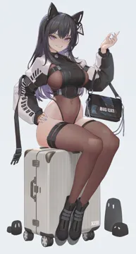 1girl animal_ears ankle_boots arm_belt artist_name bag black_boots black_hair blue_nails blush boots breasts brown_leotard brown_thighhighs buckle cat_ears clothes_writing colored_inner_hair covered_navel creature crop_top earrings elbow_carry english_text fake_animal_ears fingernails full_body grey_background grin hairband hand_on_own_hip hand_up handbag highleg highleg_leotard holding holding_bag jewelry large_breasts legwear_garter leotard leotard_under_clothes long_fingernails long_hair long_sleeves looking_at_viewer multicolored_hair nail_polish purple_eyes purple_hair purple_nails robot_ears rolling_suitcase shrug__clothing sign simple_background single_earring sitting skindentation smile snap_fit_buckle solo suitcase thighhighs thighs two_tone_hair warning_sign xzu