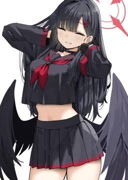 1girl adjusting_hair arms_behind_head black_gloves black_hair black_serafuku black_shirt black_skirt blue_archive blunt_bangs blush closed_eyes cowboy_shot crop_top crop_top_overhang gloves hair_ornament hairclip halo hand_in_own_hair hands_in_hair hands_up ichika__blue_archive long_hair long_sleeves low_wings miniskirt parted_lips pleated_skirt red_halo school_uniform serafuku shirt simple_background skirt sky_freedom smile solo very_long_hair white_background wings