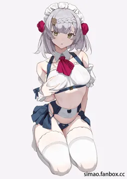 1girl ascot bare_shoulders black_panties blue_skirt braid breasts collarbone crop_top detached_collar detached_sleeves garter_belt genshin_impact grabbing_own_breast green_eyes grey_hair kneeling looking_at_viewer maid maid_headdress medium_breasts microskirt no_shoes noelle__genshin_impact panties parted_lips revealing_clothes shirt short_hair showgirl_skirt simao__x_x36131422 simple_background skirt solo stomach thighhighs underwear white_background white_shirt white_thighhighs wing_collar