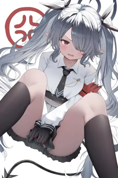 1girl anger_vein armband ass black_gloves black_necktie black_ribbon black_skirt black_socks black_tail blush breasts collared_shirt covering_crotch covering_privates demon_tail feet_out_of_frame gloves grey_hair grey_halo hair_ribbon halo kneehighs long_hair looking_at_viewer necktie open_mouth pleated_skirt pointy_ears red_armband red_eyes ribbon shirt simple_background skirt skirt_tug small_breasts socks solo tail twintails white_background white_shirt koba__kobako42 blue_archive iori__blue_archive