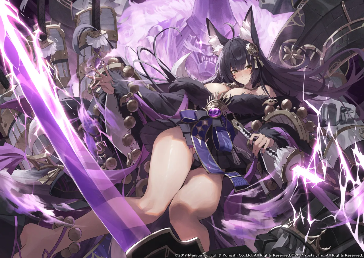 1girl ahoge animal_ear_fluff animal_ears armor azur_lane beads black_dress black_hair black_panties breasts copyright_notice curvy dress electricity facial_mark floating_hair fox_ears fox_girl fox_tail holding holding_sword holding_weapon katana large_breasts long_hair looking_at_viewer musashi__azur_lane netural panties parted_lips prayer_beads solo sword tail thighs underwear very_long_hair weapon whisker_markings yellow_eyes