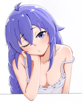 1girl ahoge bare_arms blue_eyes blue_hair braid breasts camisole collarbone crossed_bangs elbow_rest hair_between_eyes head_rest long_braid long_hair looking_at_viewer one_eye_closed simple_background small_breasts solo strap_slip twin_braids upper_body white_background white_camisole babywipes mushoku_tensei roxy_migurdia__mushoku_tensei