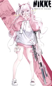 1girl animal_ear_headphones animal_ears animal_print blush character_doll charm__object copyright_name fake_animal_ears floating_headgear full_body grey_hair hands_on_own_face headgear headphones headset heart heart_print hood hood_down hoodie long_hair long_sleeves official_alternate_costume pants pink_eyes pink_headphones pink_hoodie pink_sleeves puffy_sleeves rabbit_charm rabbit_print sidelocks solo standing twintails two_tone_hoodie yoga_pants zoom_layer pinjirooo goddess_of_victory__nikke alice__nikke alice__sweet_home__nikke ludmilla__nikke
