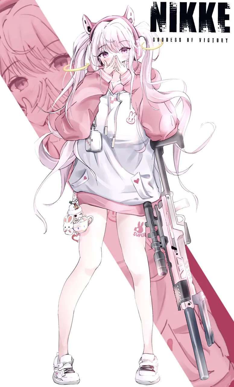 1girl animal_ear_headphones animal_ears animal_print blush character_doll charm__object copyright_name fake_animal_ears floating_headgear full_body grey_hair hands_on_own_face headgear headphones headset heart heart_print hood hood_down hoodie long_hair long_sleeves official_alternate_costume pants pink_eyes pink_headphones pink_hoodie pink_sleeves puffy_sleeves rabbit_charm rabbit_print sidelocks solo standing twintails two_tone_hoodie yoga_pants zoom_layer pinjirooo goddess_of_victory__nikke alice__nikke alice__sweet_home__nikke ludmilla__nikke