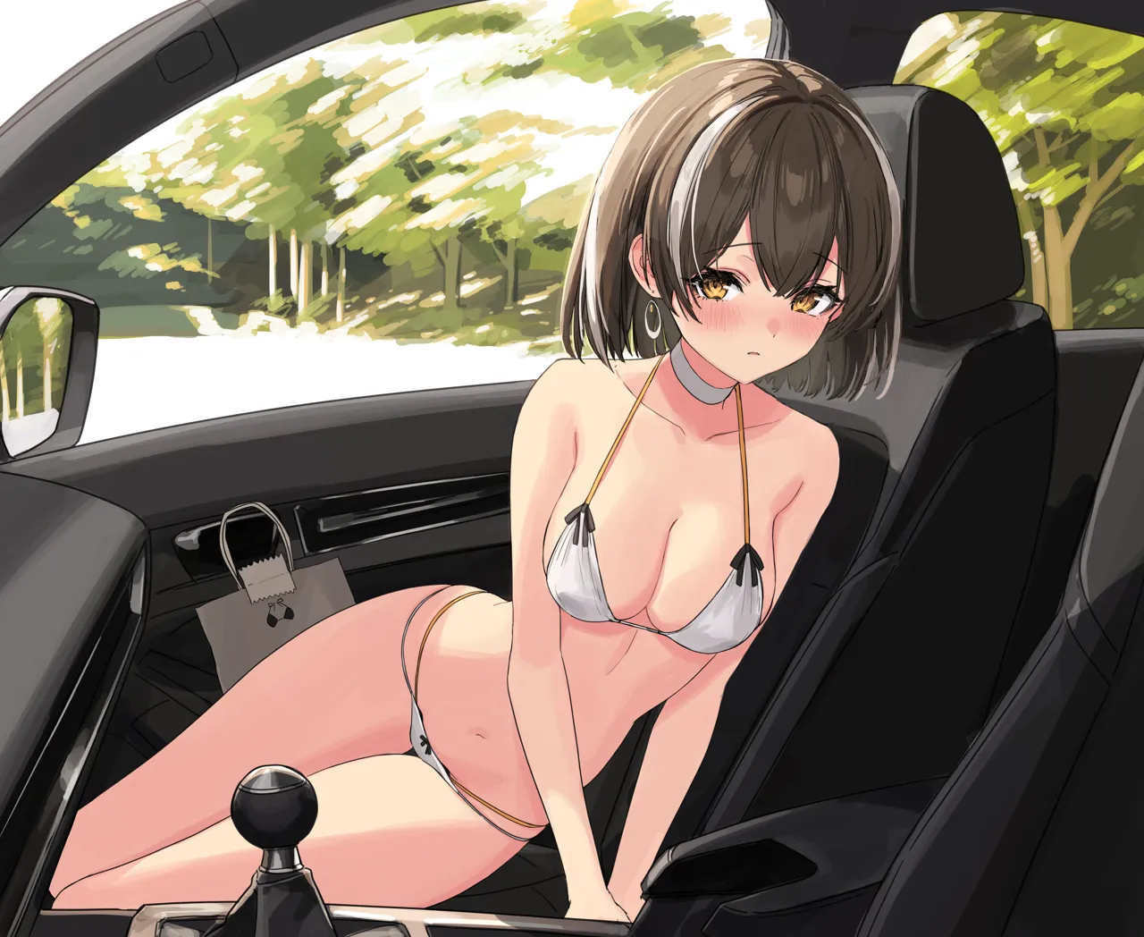 1girl arknights bikini black_hair blush breasts car_interior choker cleavage closed_mouth collarbone earrings halterneck jewelry looking_at_viewer magallan__arknights medium_breasts multicolored_hair navel short_hair sigm solo streaked_hair string_bikini swimsuit white_bikini white_choker white_hair yellow_eyes