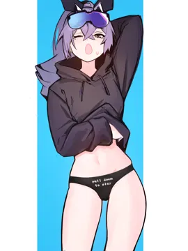 1girl arm_up black_hoodie black_panties blush clothes_writing cowboy_shot distr drawstring grey_eyes grey_hair hair_intakes honkai__series honkai__star_rail hood hoodie long_sleeves midriff navel one_eye_closed open_mouth panties ponytail silver_wolf__honkai__star_rail solo standing stomach thighs underwear