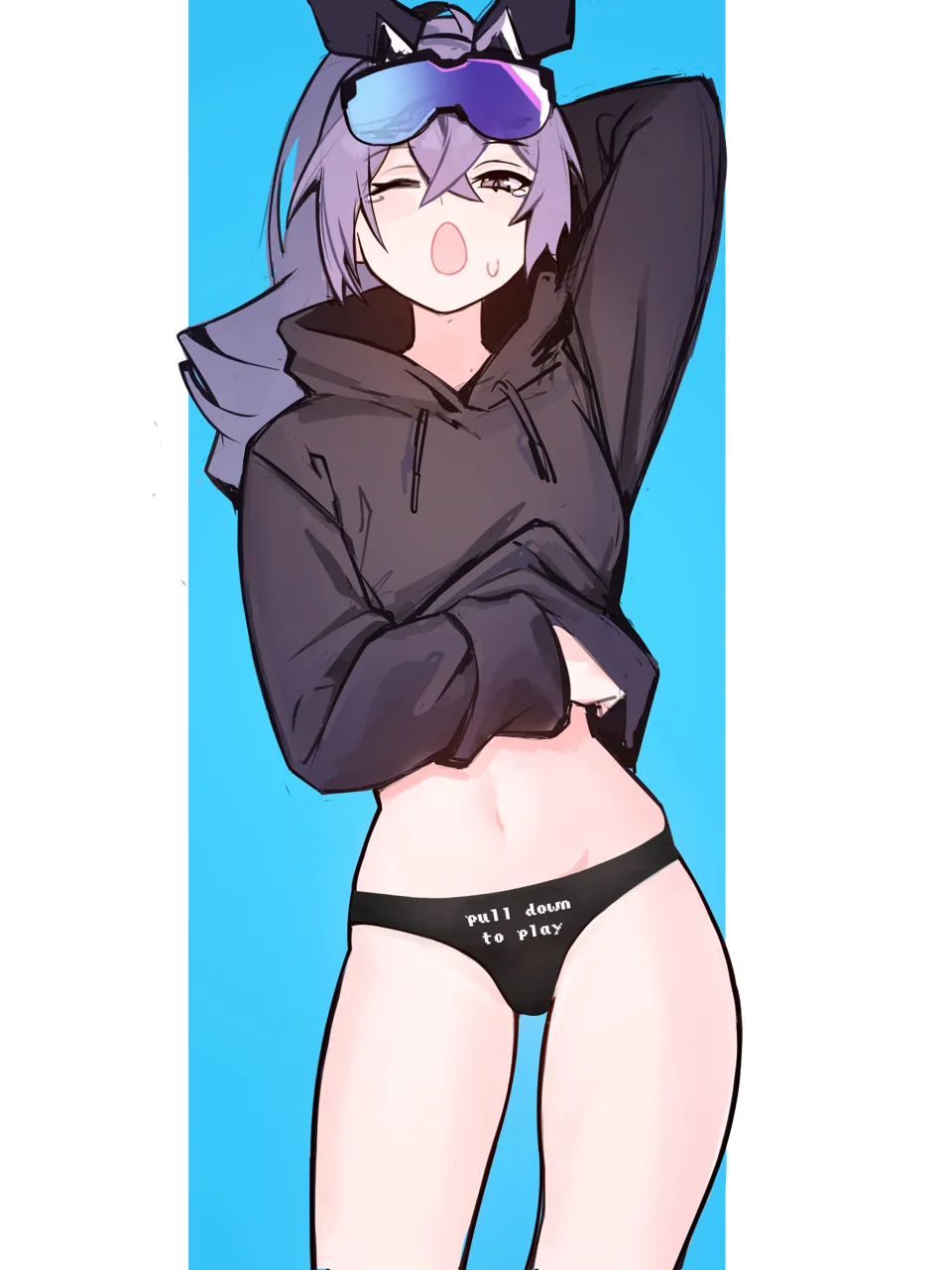 1girl arm_up black_hoodie black_panties blush clothes_writing cowboy_shot distr drawstring grey_eyes grey_hair hair_intakes honkai__series honkai__star_rail hood hoodie long_sleeves midriff navel one_eye_closed open_mouth panties ponytail silver_wolf__honkai__star_rail solo standing stomach thighs underwear