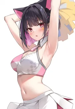 1girl animal_ears armpits arms_up bare_arms bare_shoulders black_hair blue_archive blush bob_cut breasts cat_ears character_name cheerleader cleavage colored_inner_animal_ears colored_inner_hair cosplay criss_cross_halter crop_top extra_ears hair_ornament hairclip halterneck hibiki__blue_archive hibiki__blue_archive__cosplay hibiki__cheer_squad__blue_archive holding holding_pom_poms kazusa__blue_archive large_breasts looking_at_viewer marisasu__marisa0904 millennium_cheerleader_outfit__blue_archive multicolored_hair navel paw_print pink_hair pleated_skirt pom_pom__cheerleading red_eyes shirt short_hair sidelocks simple_background skirt sleeveless sleeveless_shirt solo star_sticker sticker_on_face stomach text_print two_tone_hair white_background white_skirt