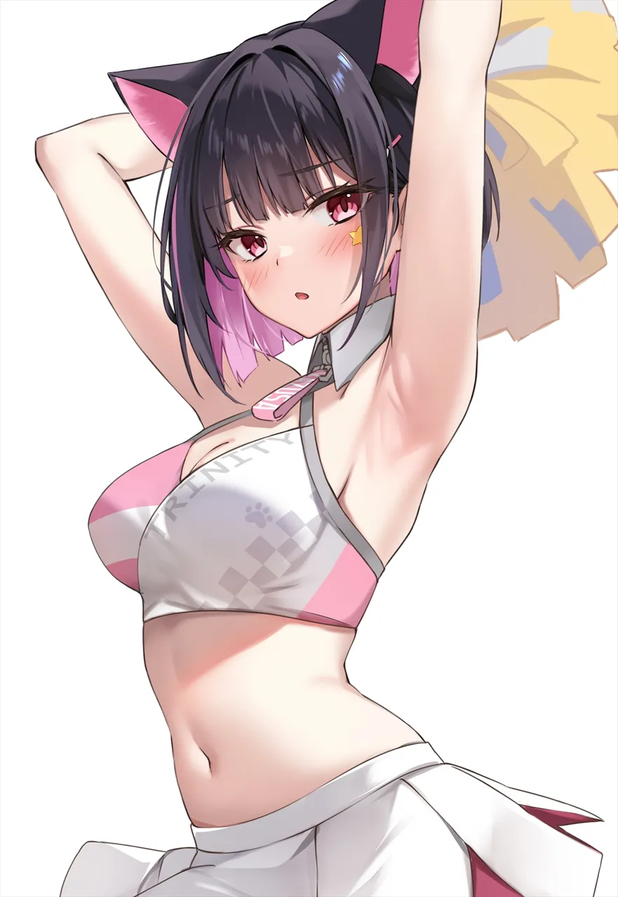 1girl animal_ears armpits arms_up bare_arms bare_shoulders black_hair blue_archive blush bob_cut breasts cat_ears character_name cheerleader cleavage colored_inner_animal_ears colored_inner_hair cosplay criss_cross_halter crop_top extra_ears hair_ornament hairclip halterneck hibiki__blue_archive hibiki__blue_archive__cosplay hibiki__cheer_squad__blue_archive holding holding_pom_poms kazusa__blue_archive large_breasts looking_at_viewer marisasu__marisa0904 millennium_cheerleader_outfit__blue_archive multicolored_hair navel paw_print pink_hair pleated_skirt pom_pom__cheerleading red_eyes shirt short_hair sidelocks simple_background skirt sleeveless sleeveless_shirt solo star_sticker sticker_on_face stomach text_print two_tone_hair white_background white_skirt