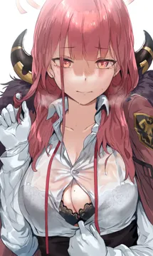 1girl aru__blue_archive black_bra blue_archive blush bra bra_visible_through_clothes breasts brown_coat brown_eyes button_gap cleavage coat collarbone collared_shirt dress_shirt fur_trim fur_trimmed_coat hews horns lace_trim lace_trimmed_bra large_breasts long_hair long_sleeves looking_at_viewer red_hair shirt solo sweat underwear upper_body white_shirt