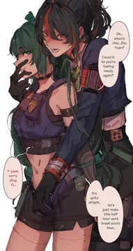 2girls arm_strap bare_shoulders black_gloves black_hair blue_jacket blush crop_top english_text gloves green_eyes green_hair jacket midriff multicolored_hair multiple_girls navel open_mouth red_hair simple_background speech_bubble stomach streaked_hair white_background yuri flying_frappuccino zenless_zone_zero qingyi__zenless_zone_zero zhu_yuan__zenless_zone_zero