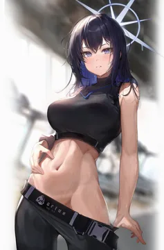 1girl bare_arms belt black_belt black_gloves black_hair black_pants black_shirt blue_archive blue_eyes blue_hair blue_halo blurry blurry_background breasts buckle clenched_teeth clothes_pull cowboy_shot crop_top dark_blue_hair dfm__darknessdfm gloves groin halo hand_on_own_stomach linea_alba long_hair looking_at_viewer medium_breasts midriff multicolored_hair navel no_headwear no_mask pants pants_pull parted_lips pulling_own_clothes saori__blue_archive shirt sleeveless sleeveless_shirt sleeveless_turtleneck snap_fit_buckle solo standing stomach sweat teeth toned treadmill turtleneck two_tone_hair wet wet_hair