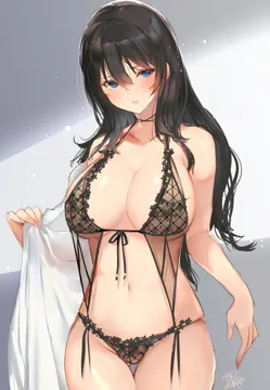 1girl ass_visible_through_thighs bare_shoulders black_bra black_hair black_panties blue_eyes blush bra breasts cleavage cowboy_shot flower_trim grey_background hair_between_eyes halterneck holding large_breasts lingerie looking_at_viewer navel open_clothes panties parted_lips see_through_clothes sidelocks signature solo stomach strap_gap string_panties thigh_gap thighs tsurime two_tone_background underwear yaegashi_nan