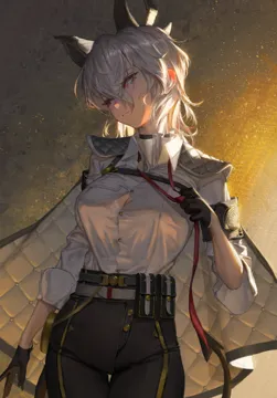 1girl adjusting_clothes adjusting_necktie arm_pouch armband black_armband black_choker black_gloves black_horns black_jacket black_pants breasts button_gap chest_harness choker clothes_grab collared_shirt cowboy_shot curled_horns demon_tail gloves hair_between_eyes harness high_waist_pants horns jacket jacket_on_shoulders large_breasts long_hair looking_to_the_side necktie pants pouch red_eyes red_necktie shirt solo tail thigh_gap tight_clothes tight_pants white_hair white_shirt sib__9obsl wuthering_waves zani__wuthering_waves