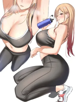 1girl alternate_costume armpits arms_up barbell_piercing blonde_hair blush bottle breasts breath cleavage collarbone ear_piercing earrings fake_nails from_above from_side full_body grey_pants grey_sports_bra head_out_of_frame holding holding_bottle ichinose__ichinose1592 jewelry kitagawa_marin large_breasts long_hair midriff multiple_views navel pants parted_lips piercing pink_hair pink_nails red_eyes shoes simple_background skindentation sneakers sono_bisque_doll_wa_koi_wo_suru sports_bra sportswear stomach straight_hair sweat water_bottle white_background yoga_pants