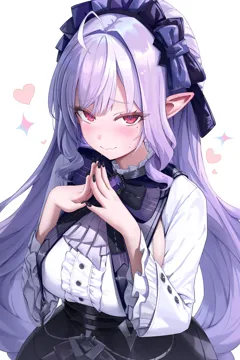 1girl ahoge ascot black_bow black_bowtie black_nails black_skirt blush bow bowtie breasts center_frills closed_mouth frilled_shirt frilled_sleeves frills hairband high_waist_skirt large_breasts looking_at_viewer loving_aura mole mole_under_eye pointy_ears purple_ascot purple_hair purple_hairband red_eyes shirt shrug__clothing sideboob simple_background skirt solo steepled_fingers upper_body wavy_mouth white_background white_shrug 4mmmmu zenless_zone_zero vivian__zenless_zone_zero