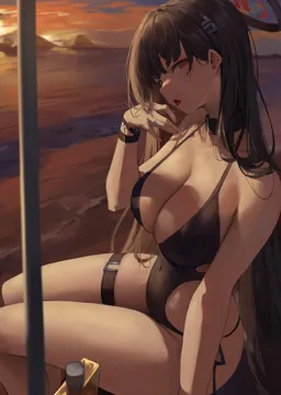 1girl alternate_costume bare_shoulders beach black_hair black_one_piece_swimsuit blue_archive breasts choker cleavage collarbone gradient_sky hair_ornament hairclip halo large_breasts leviathan__hikinito0902 long_hair looking_at_viewer one_piece_swimsuit open_mouth orange_sky red_eyes rio__blue_archive shore sky solo sunset swimsuit thighs twilight very_long_hair