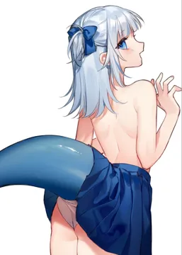 1girl ass back blue_bow blue_eyes blue_hair blue_skirt blunt_bangs blush bow cowboy_shot fins fish_tail from_behind grey_hair hair_bow long_hair looking_at_viewer looking_back miniskirt multicolored_hair open_mouth panties pleated_skirt ponytail shark_girl shark_tail short_ponytail sidelocks simple_background skirt smile solo standing streaked_hair tail topless_female two_tone_hair underwear virtual_youtuber white_background white_panties smilesmile1312 hololive gawr_gura__hololive