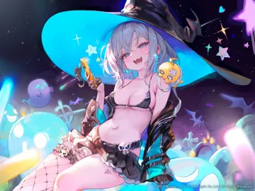 1girl azur_lane bandaid bandaid_on_head bikini black_bikini black_gloves black_jacket black_skirt breasts cat_ornament cellphone fangs fishnet_thighhighs fishnets freng frilled_straps ghost gloves half_gloves hat holding holding_phone jacket jade__a_good_girl_s_magic__azur_lane jade__azur_lane layered_skirt leather leather_jacket looking_at_viewer manjuu__azur_lane microskirt mole mole_under_eye navel off_shoulder official_alternate_costume open_clothes open_jacket open_mouth phone pink_hair single_thighhigh skirt skull_belt smartphone smile solo star__symbol stomach swimsuit thighhighs witch witch_hat