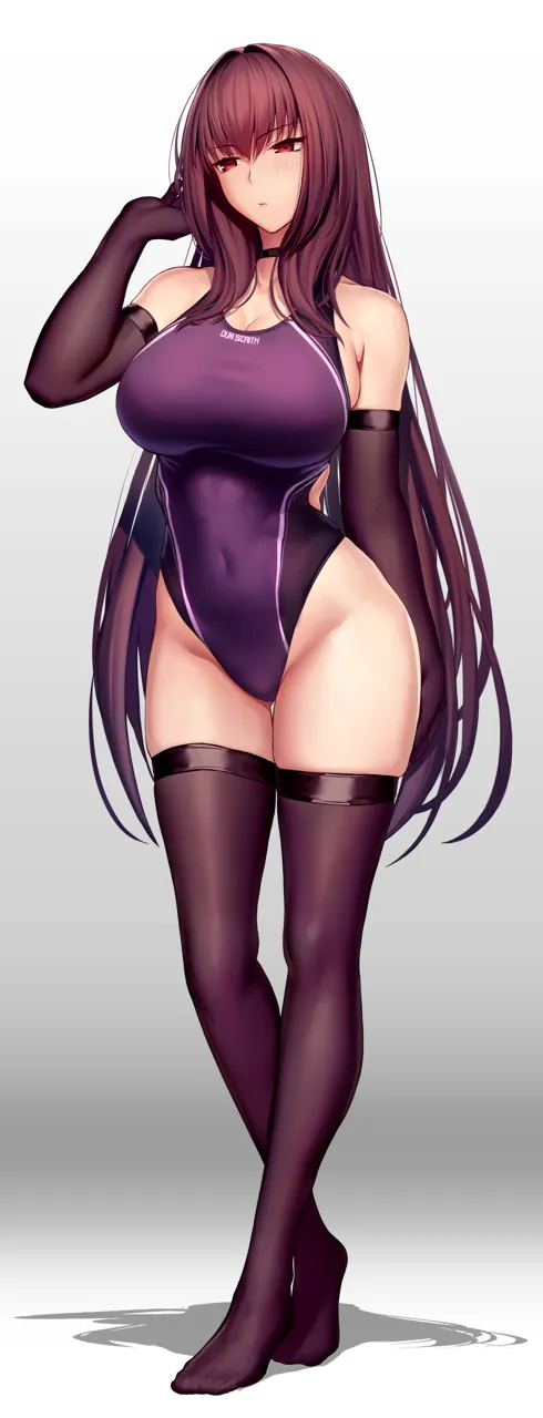 1girl alternate_costume arm_at_side back_cutout bare_shoulders black_choker blush breasts choker cleavage closed_mouth clothes_writing clothing_cutout collarbone competition_swimsuit covered_navel crossed_ankles elbow_gloves fate__series fate_grand_order full_body gloves gradient_background grey_background groin hair_between_eyes hair_intakes half_closed_eyes hand_up highleg highleg_one_piece_swimsuit large_breasts legs long_hair looking_away lun7732 one_piece_swimsuit purple_gloves purple_hair purple_one_piece_swimsuit purple_thighhighs red_eyes scathach__fate shadow sideboob sidelocks simple_background skindentation solo standing straight_hair swimsuit thigh_gap thighhighs thighs tiptoes very_long_hair