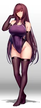 1girl alternate_costume arm_at_side back_cutout bare_shoulders black_choker blush breasts choker cleavage closed_mouth clothes_writing clothing_cutout collarbone competition_swimsuit covered_navel crossed_ankles elbow_gloves fate__series fate_grand_order full_body gloves gradient_background grey_background groin hair_between_eyes hair_intakes half_closed_eyes hand_up highleg highleg_one_piece_swimsuit large_breasts legs long_hair looking_away lun7732 one_piece_swimsuit purple_gloves purple_hair purple_one_piece_swimsuit purple_thighhighs red_eyes scathach__fate shadow sideboob sidelocks simple_background skindentation solo standing straight_hair swimsuit thigh_gap thighhighs thighs tiptoes very_long_hair