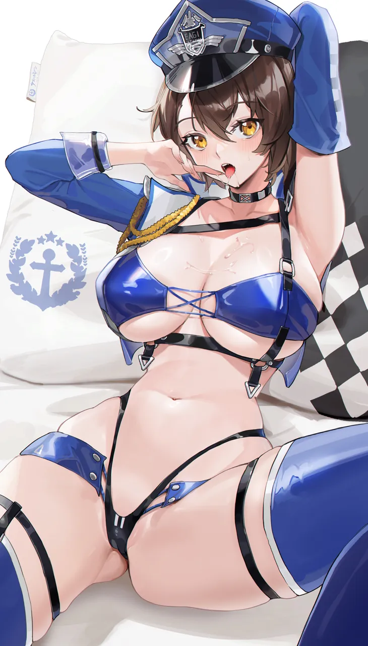 1girl aiguillette arm_behind_head armpits arms_up azur_lane baltimore__azur_lane baltimore__finish_line_flagbearer__azur_lane bikini black_bikini black_choker blue_bikini blue_footwear blue_hat blue_jacket blue_shorts blue_sleeves blush breasts brown_hair chest_harness choker cleavage collarbone cropped_jacket detached_sleeves hair_between_eyes harness hat highleg highleg_bikini jacket large_breasts looking_at_viewer micro_shorts mismatched_bikini navel official_alternate_costume ohisashiburi__style on_bed open_clothes open_jacket open_mouth peaked_cap pillow race_queen saliva saliva_drip shadow short_hair shorts sideboob sidelocks single_sleeve sitting skindentation solo stomach swimsuit teeth thigh_strap tongue tongue_out underboob underbust upper_teeth_only yellow_eyes zhudouzi