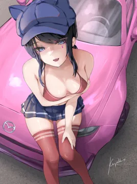 1girl animal_ear_headwear bikini bikini_top_only black_hair blue_eyes blue_hair blue_hat blue_skirt breasts cabbie_hat car english_text from_above hat large_breasts long_hair looking_at_viewer mark_under_eye mazda mazda_mx_5 miniskirt motor_vehicle outdoors pink_car pleated_skirt red_bikini red_thighhighs road sidelocks signature sitting skirt smile solo sports_car swept_bangs swimsuit tattoo teardrop_facial_mark teardrop_tattoo thighhighs thighs zettai_ryouiki keyokku miside cool_mita__miside mita__miside